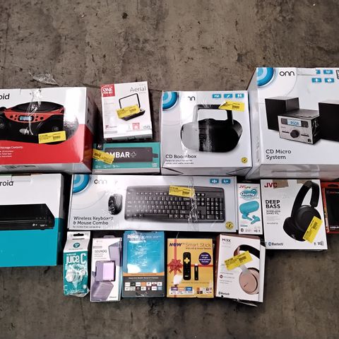 BOX OF ASSORTED ELECTRONIC ITEMS TO INCLUDE JVC WIRELESS HEADPHONES,  BLACKWEB WIRELESS CHARGING PAD, KITSOUND BOOMBAR+, NOW TV SMART STICK, ONN CD MICRO SYSTEM, ETC