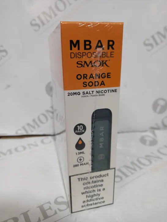 BOXED CEELLOPHANE-WRAPPED PACK OF 10 SMOK MBAR DISPOSABLE VAPES 