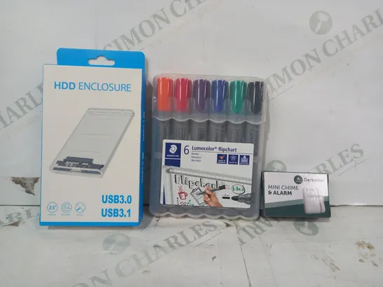 LOT OF APPROXIMATELY 15 ASSORTED HOUSEHOLD ITEMS TO INCLUDE DEFENDER MINI CHIME & ALARM, LUMOCOLOR FLIPCHART MARKERS, HDD ENCLOSURE, ETC