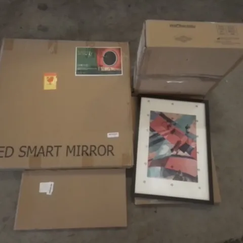 PALLET OF ASSORTED  ITEMS TO INCLUDE LED SMART MIRROR, WALL ART DECOR, SLING PUCK GAME, CEILING LAMP
