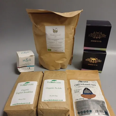 APPROXIMATELY 10 ASSORTED TEA PRODUCTS TO INCLUDE HOPE & GLORY BAGS, HEMPWELL CBD INFUSED, THE TEA HOUSE ETC 