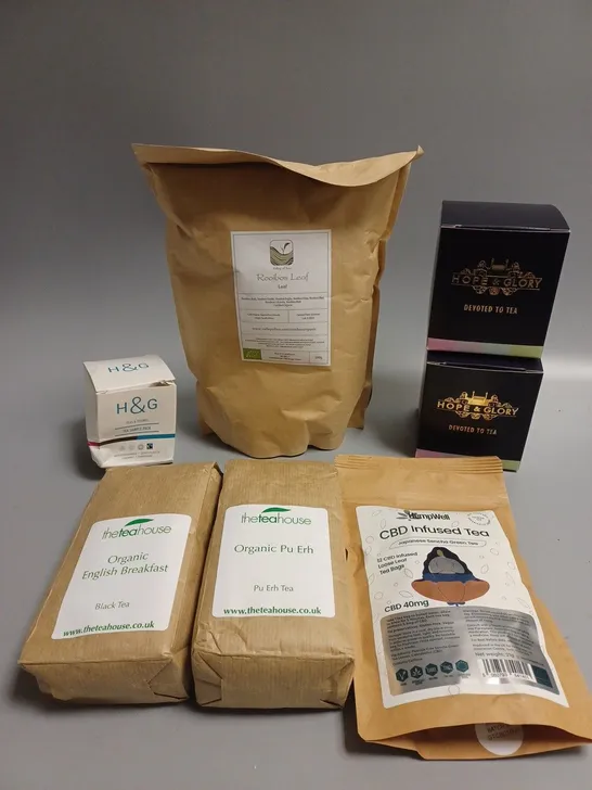 APPROXIMATELY 10 ASSORTED TEA PRODUCTS TO INCLUDE HOPE & GLORY BAGS, HEMPWELL CBD INFUSED, THE TEA HOUSE ETC 