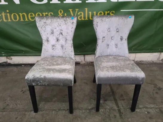 SET OF 2 NEW KENSINGTON SILVER VELVET BUTTON BACK DINING CHAIRS (BLACK LEG)