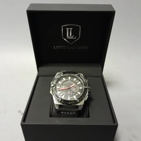 BOXED LOUIS LACOMBE CHRONOGRAPH WATCH WITH BLACK LEATHER STRAP