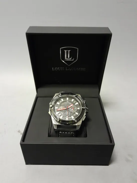 BOXED LOUIS LACOMBE CHRONOGRAPH WATCH WITH BLACK LEATHER STRAP