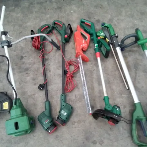 LOT OF ASSORTED GARDEN CARE TOOLS INCLUDES FLYMO HEDGE TRIMMERS, GRASS CUTTERS, PRESSURE WASHERS AND POLE TRIMMER