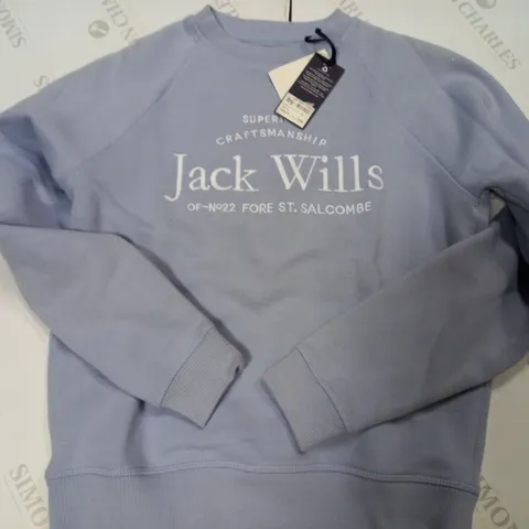 JACK WILLS HOUSTON EMBROIDED LONG SLEEVE CREWNECK JUMPER IN SKY BLUE - UK WOMENS SIZE 4