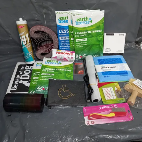 TOTE OF APPROXIMATELY 15 ASSORTED HOUSEHOLD ITEMS TOO INCLUDE LAUNDRY DETERGENT SHEETS, LICE COMB, AND WEATHERPROOFING SEALANT ETC. 