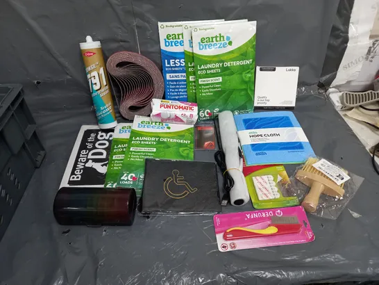 TOTE OF APPROXIMATELY 15 ASSORTED HOUSEHOLD ITEMS TOO INCLUDE LAUNDRY DETERGENT SHEETS, LICE COMB, AND WEATHERPROOFING SEALANT ETC. 