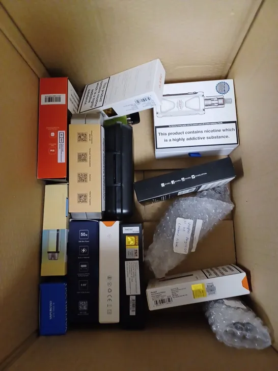 BOX OF APPROXIMATELY 30 E-CIGARETTE PRODUCTS TO INCLUDE UWELL CALIBURN, ASPIRE FLEXUS, GEEKVAPE L200 ETC