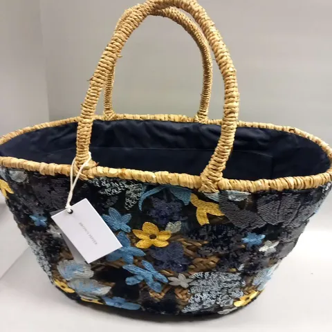 BRAND NEW BROWN PEPPER HANDBAGS NAVY LARGE EMBROIDERY BASKET BAG