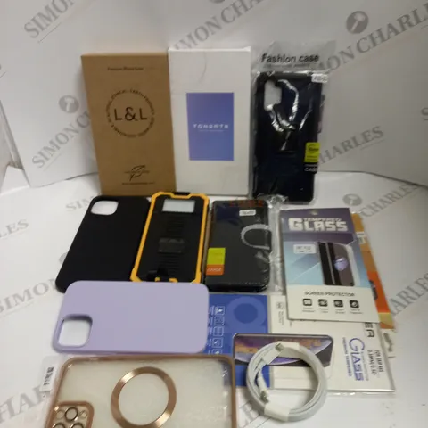 BOX TO CONTAIN APPROX. 25 X ASSORTED PHONE ACCESSORIES. INCLUDES PHONE CASES, CHARGING CABLES & SCREEN PROTECTORS. 