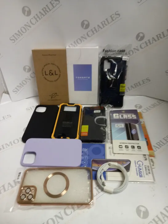 BOX TO CONTAIN APPROX. 25 X ASSORTED PHONE ACCESSORIES. INCLUDES PHONE CASES, CHARGING CABLES & SCREEN PROTECTORS. 