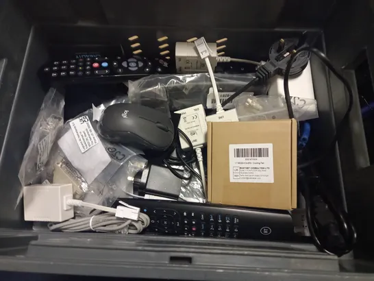 CRATE OF ASSORTED TECH ITEMS TO INCLUDE VARIOUS REMOTES, ROUTERS AND LOGI M220 