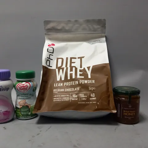 LOT OF APPROXMATELY 8 ITEMS TO INCLUDE  - PHD DIET WHEY 1KG , BRITISH RUNNY HONEY , COW & GATE FIRST INFANT MILK ETC