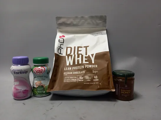 LOT OF APPROXMATELY 8 ITEMS TO INCLUDE  - PHD DIET WHEY 1KG , BRITISH RUNNY HONEY , COW & GATE FIRST INFANT MILK ETC