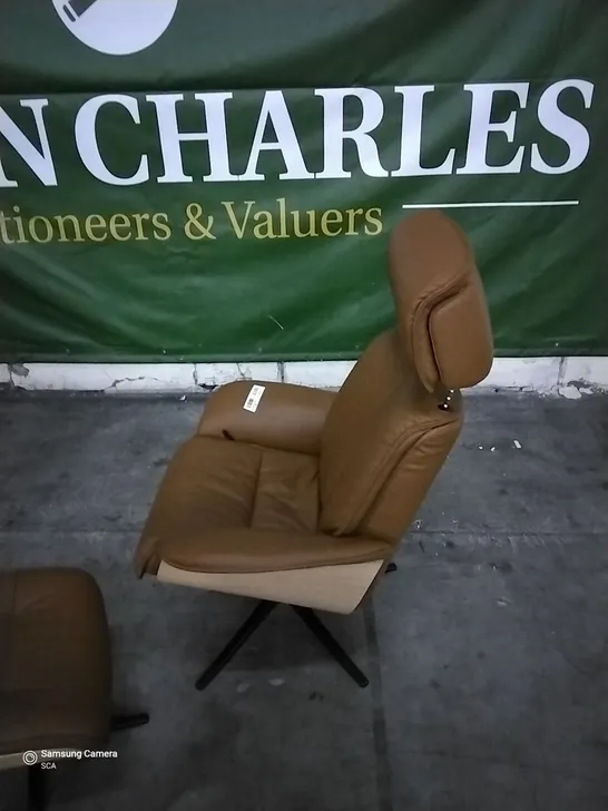 QUALITY BRITISH DESIGNER G PLAN LUND MAN RECLINER CHAIR AND FOOTSTOOL CAMBRIDGE TAN LEATHER