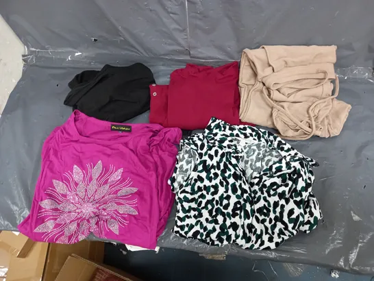 BOX OF APPROXIMATELY 10 ASSORTED PIECES OF CLOTHING IN VARIOUS STYLES, SIZES, AND BRANDS 