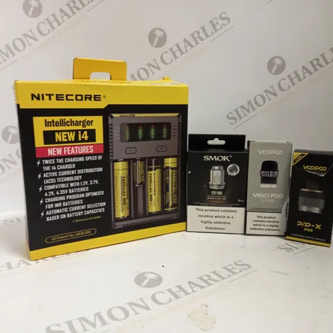 APPROXIMATELY 20 ASSORTED ITEMS TO INCLUDE NITECORE I4 INTELLICHARGER, SMOK V18 MINI MESHED COIL, VOOPOO VINCI POD CARTRIDGE, VOOPOO PNP-X POD ETC.