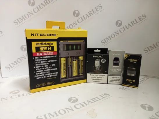 APPROXIMATELY 20 ASSORTED ITEMS TO INCLUDE NITECORE I4 INTELLICHARGER, SMOK V18 MINI MESHED COIL, VOOPOO VINCI POD CARTRIDGE, VOOPOO PNP-X POD ETC.