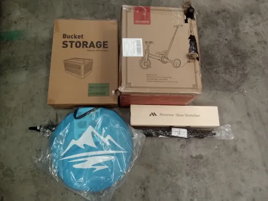 PALLET OF ASSORTED ITEMS INCLUDING BUCKET STORAGE, OLYSPM 5IN1 BALANCE BIKE, MISERWE SHOE STRETCHER, UMBRELLA, POP UP TENT, FOOT SPA MASSAGER 