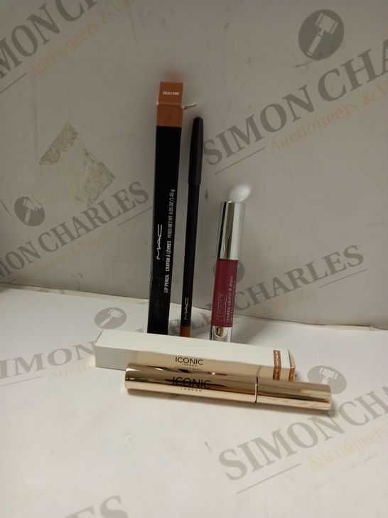 LOT OF 3 ASSORTED MAKEUP ITEMS TO INCLUDE M.A.C LIP PENCIL - BOLDLY BARE, ICONIC TRIPLE THREAT MASCARA, CLINIQUE CHUBBY PLUMP & SHINE