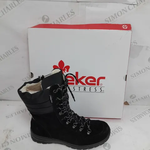 BOXED PAIR OF RIEKER SUEDE WATER RESISTANT BOOTS IN BLACK SIZE 6