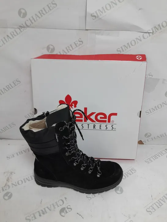 BOXED PAIR OF RIEKER SUEDE WATER RESISTANT BOOTS IN BLACK SIZE 6