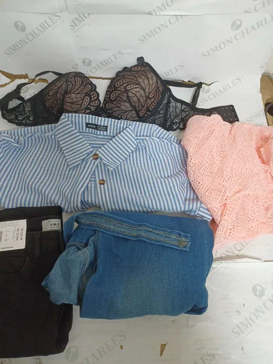 BOX OF APPROXIMATELY 22 ASSORTED CLOTHING ITEMS TO INCLUDE - BRA , SHIRT , TROUSERS ETC