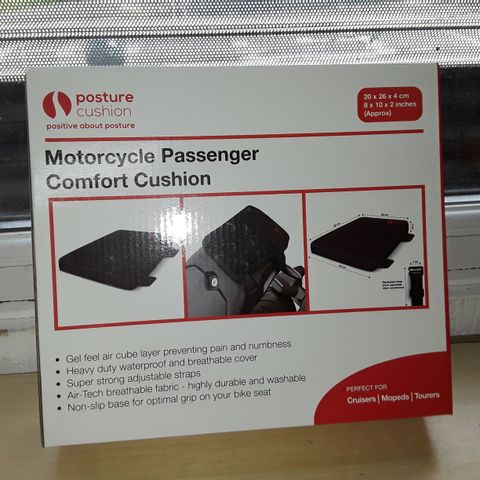 BOXED MOTORCYLE PASSENGER COMFORT CUSHION- 20X26X4CM APPROX.
