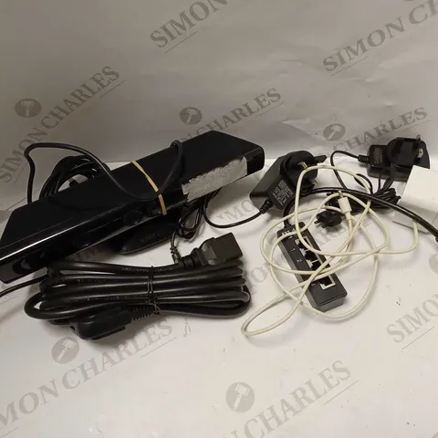 LARGE QUANTITY OF ELECTRICALS & ELECTRICAL CABLES OF VARIOUS TYPES TO INCLUDE XBOX 360 KINECT CAMERA, AC/DC ADAPTER, SONY ERICSSON CHARGER, ETC