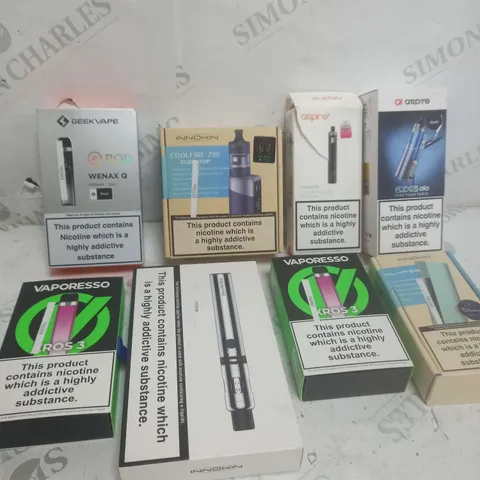 BOX OF APPROXIMATELY 15 ASSORTED E-CIGARATTES TO INCLUDE VAPORESSO, VOOPOO, ASPIRE ETC