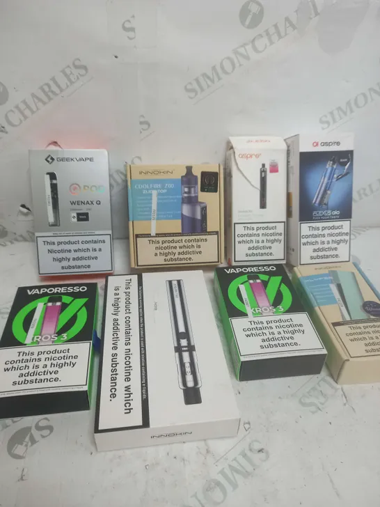 BOX OF APPROXIMATELY 15 ASSORTED E-CIGARATTES TO INCLUDE VAPORESSO, VOOPOO, ASPIRE ETC