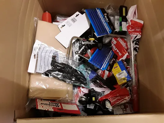 BOX CONTAINING ASSORTED ITEMS INCLUDING BATTERY CHARGER, CAR TRIM REMOVAL KIT, AIR COMPRESSOR, ASSORTED RIVETS, SHROUNDED PADLOCK 