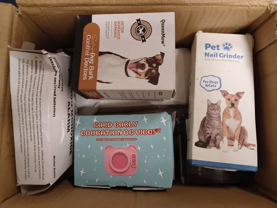 BOX OF APPROXIMATELY 15 ASSORTED HOUSEHOLD ITEMS TO INCLUDE DOG TRAINER, LAPTOP BATTERY, SCALES, ETC