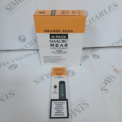 BOX OF APPROXIMATELY 10 BOXES OF ORANGE SODA 10 PACK SMOK M BAR DISPOSABLE 20MG SALT NICOTINE