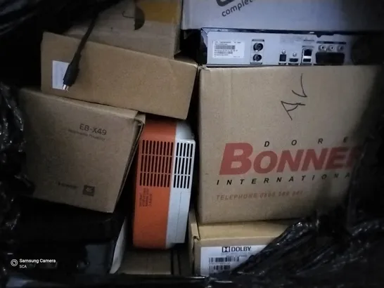 PALLET OF ASSORTED ELECTRICAL ITEMS INCLUDING MITSUBISHI PROJECTOR, OLYMPIC FOOT SWITCH, HITACHI MULTIMEDIA MOBILE LCD PROJECTOR, ZEBRA GK420T LABEL PRINTER, SANYO XGA PROJECTOR, KORG MUSIC SYNTHESISE