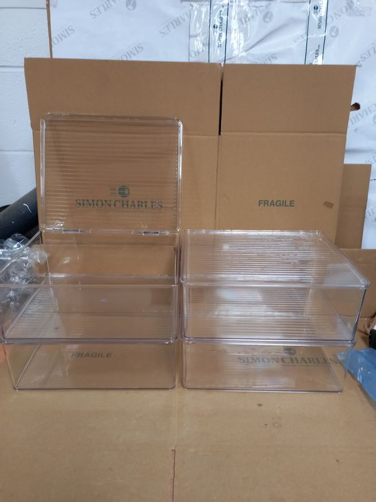 SET OF 4 CLEAR, PERSPEX STACKABLE BOXES WITH HINGED LIDS - 29X33X13