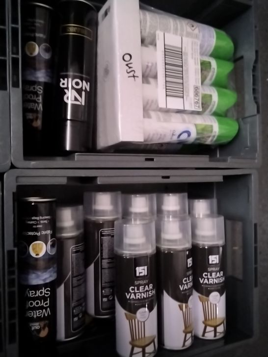 4 CRATES OF ASSORTED AEROSOLS TO INCLUDE BUTANE GAS, CLEAR VARNISH AND OUST
