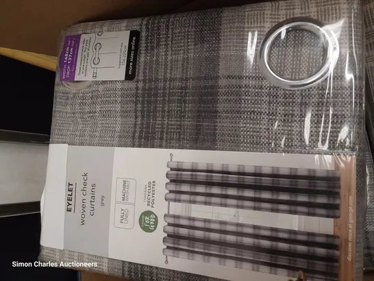 BOX OF THREE PAIRS OF BRAND NEW EYELET WOVEN CHECK CURTAINS GREY W168 D137cm