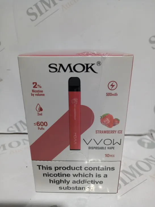 BOXED CELLOPHANE-WRAPPED PACK OF TEN SMOK VVOW DISPOSABLE VAPES - STRAWBERRY ICE