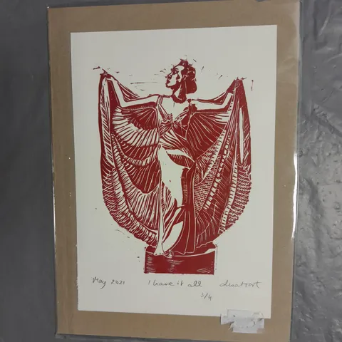 "I HAVE IT ALL" LINOLEUM BLOCK PRINT IN CRIMSON RED BY ALEXANDRA MOTIU APPROX 17.5CMX25CM