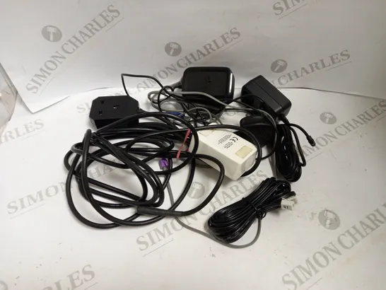 LOT OF ASSORTED POWER CABLES AND CONNECTORS TO INCLUDE LAPTOP CHARGERS, LANDLINE CABLES, SKY BOX CABLES, ETC