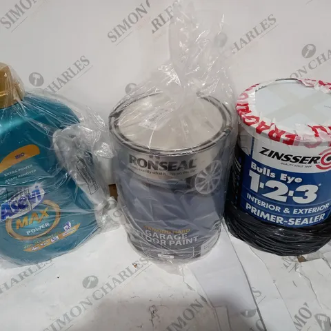 3 ASSORTED LIQUIDS TO INCLUDE: GARAGE FLOOR PAINT, STAIN REMOVER, PRIMER/SEALER COLLECTION ONLY 