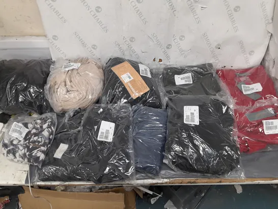 BOX OF APPROXIMATELY 10 ASSORTED BAGGED PIECES OF CLOTHING IN VARIOUS STYLES, SIZES, AND BRANDS 