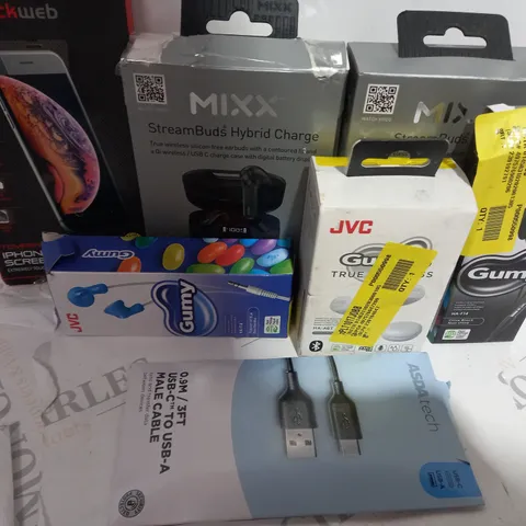 LOT OF ASSORTED ITEMS TO INCLUDE - MIXX STREAMBUDS - PHONE CASES - JVC EARPHONES - USB CABLES 
