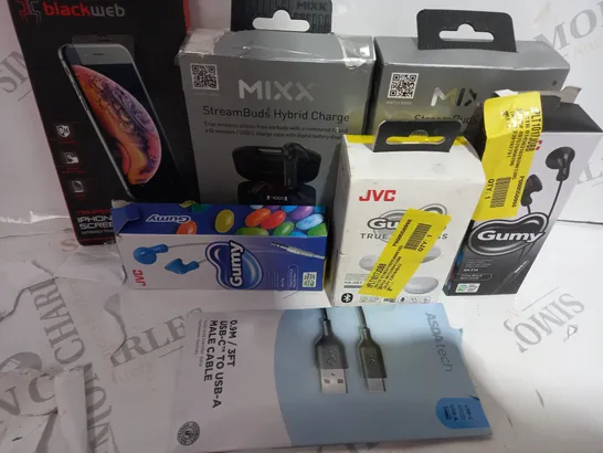 LOT OF ASSORTED ITEMS TO INCLUDE - MIXX STREAMBUDS - PHONE CASES - JVC EARPHONES - USB CABLES 