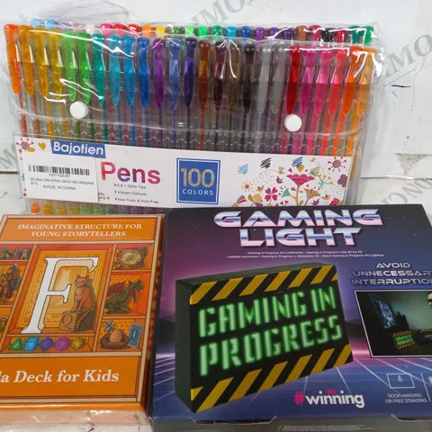 BOX OF APPROXIMATELY 20 ASSORTED TOYS AND GAMES TO INCLUDE GAMING LIGHT, PACK OF 100 COLOURED PENS, FABULA DECK FOR KIDS, ETC