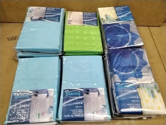 BOX CONTAINING APPROXIMATELY 25 BASARELI PVC SHOWER CURTAINS IN VARIOUS COLOURS