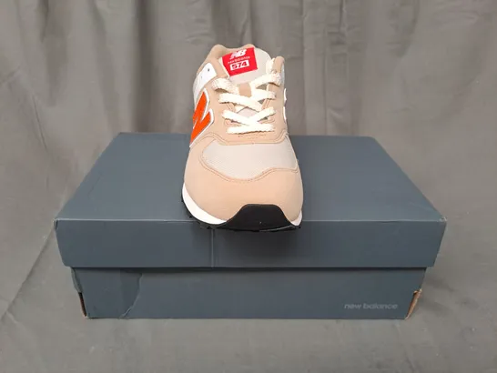 BOXED PAIR OF NEW BALANCE 574 SHOES IN TAN/ORANGE UK SIZE 5